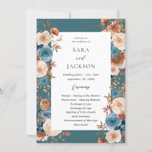 Beige & Dusty Blue Floral Wedding Program - Teal Invitation