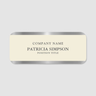 Beige Eggshell Background & Metallic Silver Border Name Tag