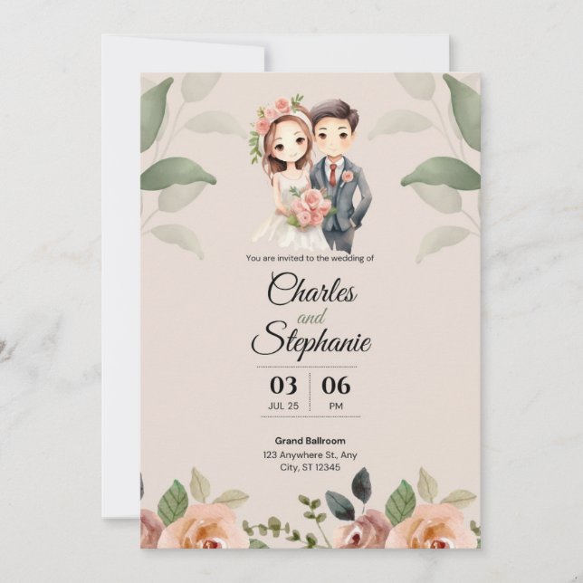 Beige elegant illustrative floral wedding  invitation (Front)