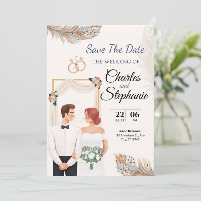 Beige Elegant Illustrative Floral,with couple Invitation (Standing Front)