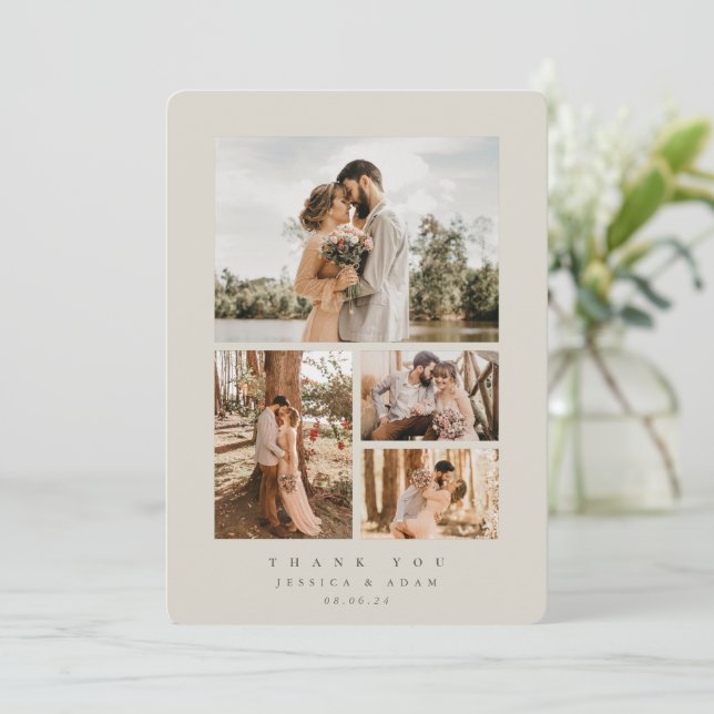 Beige Elegant Minimal 4 Photo Wedding Flat Thank You Card (Standing Front)