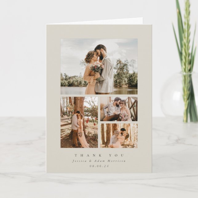 Beige Elegant Minimal 4 Photo Wedding Thank You Card (Front)