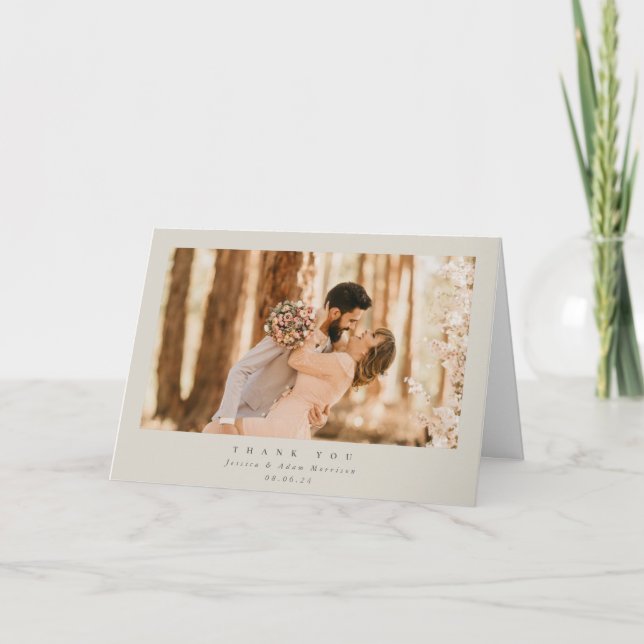 Beige Elegant Minimal Single Photo Wedding Thank You Card (Front)