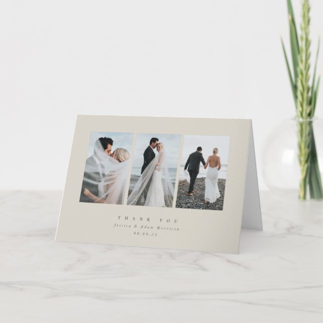 Beige Elegant Minimal Triple Photo Wedding Thank You Card (Front)