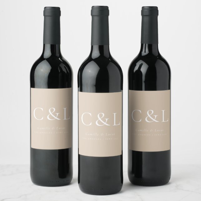 Beige Elegant Minimalist Wedding Monogram  Wine Label (Bottles)