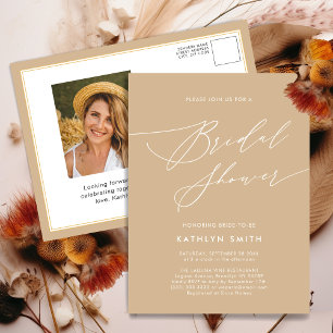 Beige Elegant Script Modern Bridal Shower Invitation Postcard