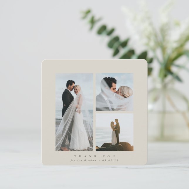 Beige Elegant Square Three Photo Wedding Flat Thank You Card (Standing Front)