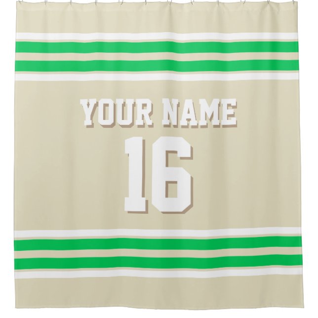 Beige Emerald Green White Stripes Sports Jersey Shower Curtain (Front)