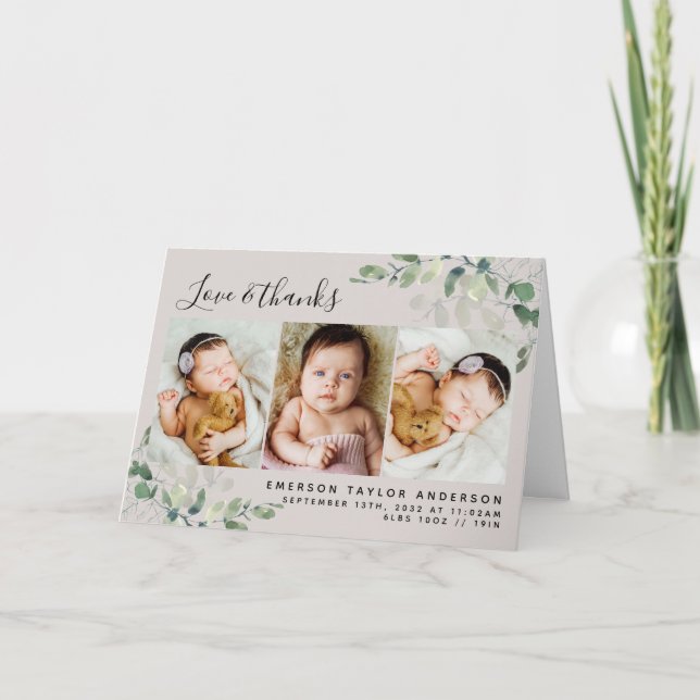Beige Eucalyptus Photo Baby Birth Stats Folded  Thank You Card (Front)