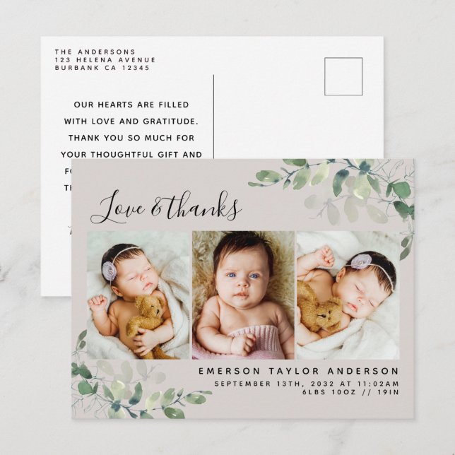 Beige Eucalyptus Photo Baby Thank You Announcement Postcard (Front/Back)