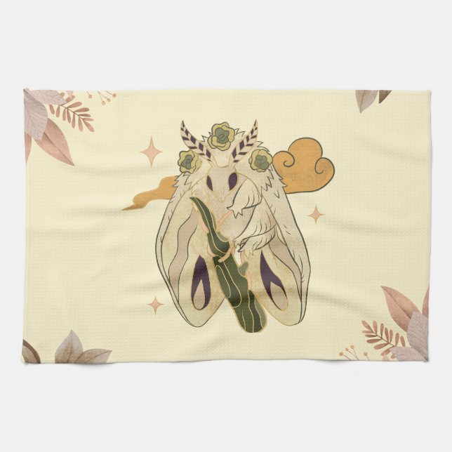 Beige Fae Moth, Mystical Graphic Artwork Tea Towel (Horizontal)