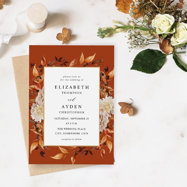 Beige Fall Floral 2 Wedding - Rust Orange Invitation (Creator Uploaded)