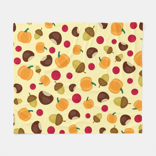 Beige Fall Pumpkin Berries Chestnut Pattern Fleece Blanket (Front (Horizontal))