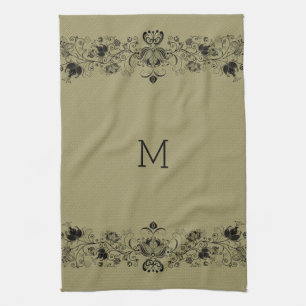 Beige Faux Linen & Black Swirls Lace Tea Towel