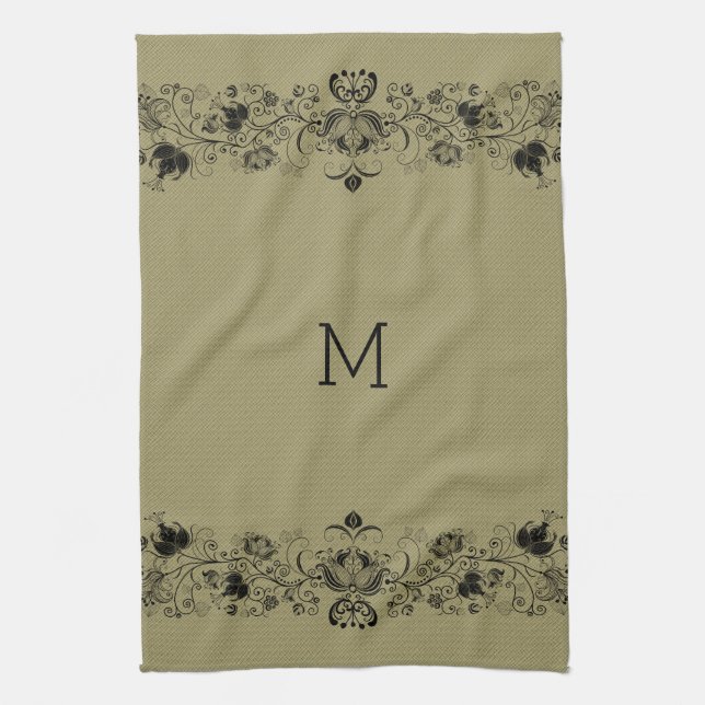 Beige Faux Linen & Black Swirls Lace Tea Towel (Vertical)