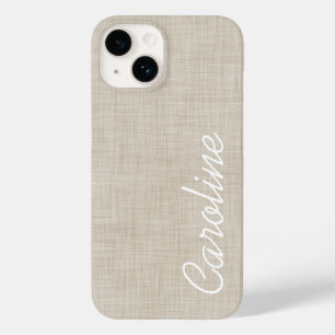 Beige Faux Linen Texture Custom Monogram Case-Mate iPhone 14 Case