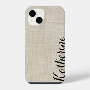 Beige Faux Linen Texture Custom Monogram iPhone 14 Case