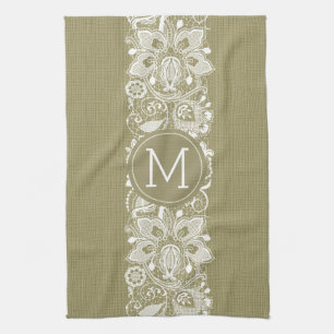 Beige Faux Linen & White Floral Lace Tea Towel