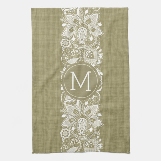 Beige Faux Linen & White Floral Lace Tea Towel (Vertical)