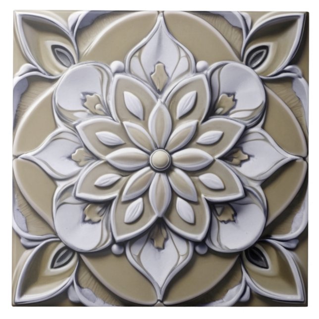 Beige Faux Relief Symmetrical Floral Flower Tile (Front)