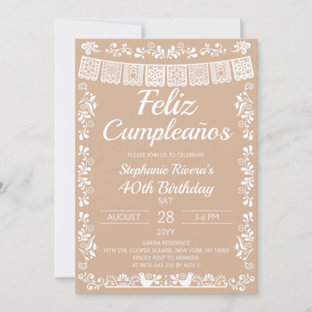 Beige Feliz Cumpleaños 40th Birthday  Invitation (Front)