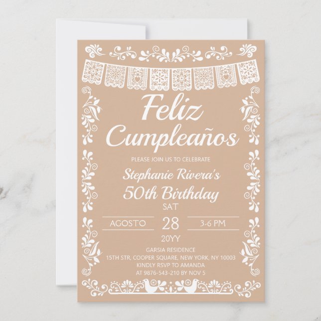 Beige Feliz Cumpleaños Birthday Invitation (Front)