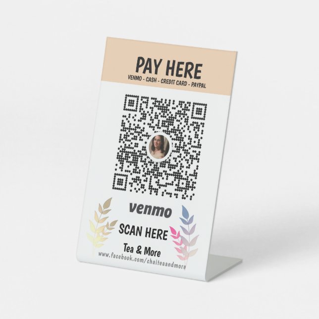 Beige Floral Add QR Code Venmo Pay Here  Pedestal Sign (Front)
