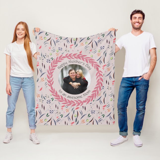Beige Floral AWESOME MOM with PHOTO Mother's Day Fleece Blanket (In Situ)