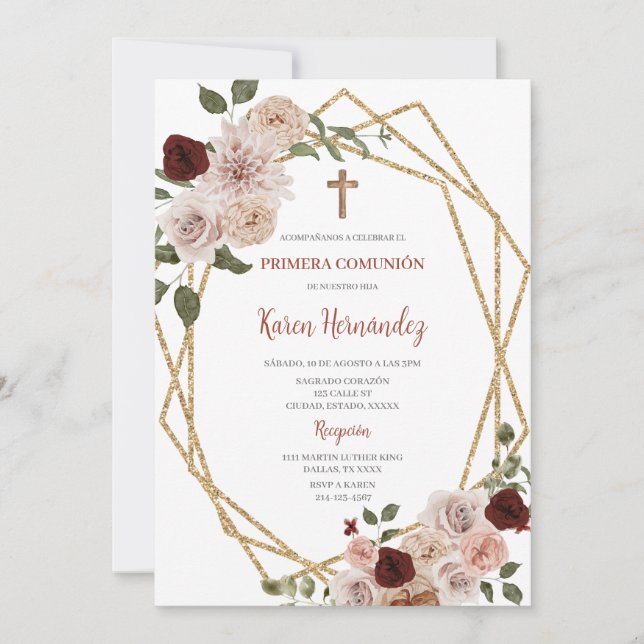 Beige Floral Baptism Spanish Invitation (Front)