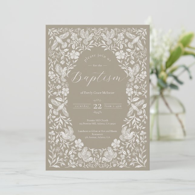 Beige Floral Birdie Baby Baptism Invitation (Standing Front)