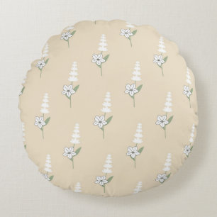 Beige Floral Bohemian Botanical Pattern Round Cushion