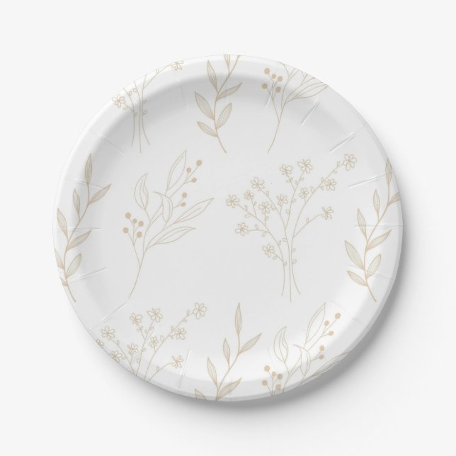 Beige Floral Boho Wedding Paper Plate (Front)