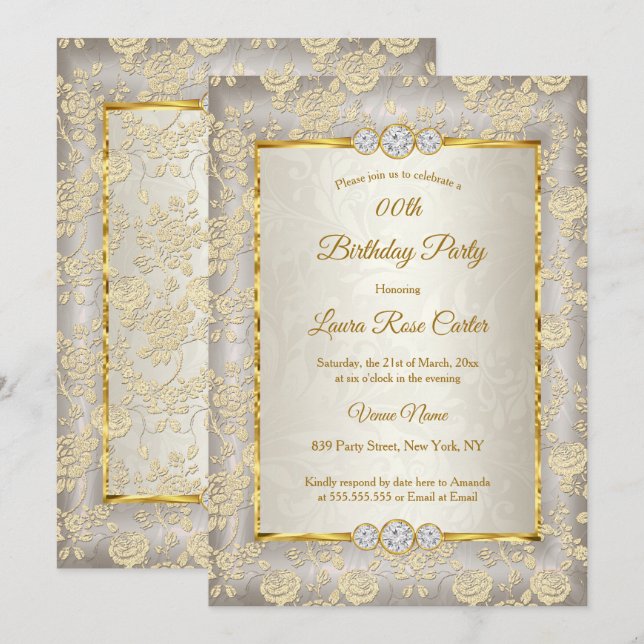 Beige floral Damask rose Gold Birthday Party Invitation (Front/Back)