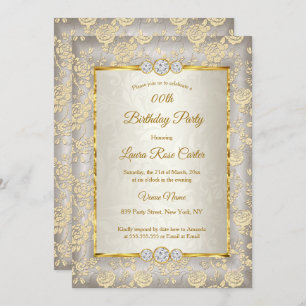 Beige floral Damask rose Gold Birthday Party Invitation