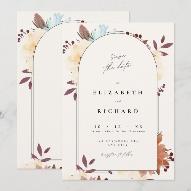 Beige Floral Elegant Save the Date Card Invitation (Front/Back)