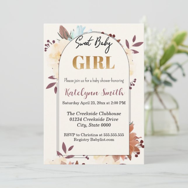 Beige Floral elegant sweet baby girl baby shower Invitation (Standing Front)
