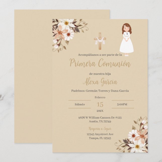 Beige floral First Communion Invitation (Front/Back)