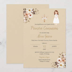 Beige floral First Communion Invitation