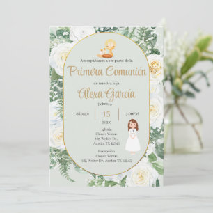Beige floral First Communion Invitation