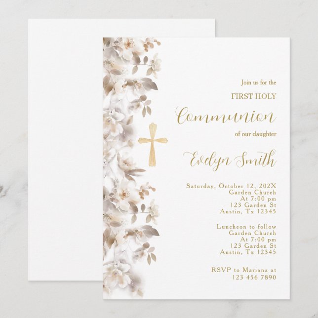 Beige floral First Communion Invitation (Front/Back)