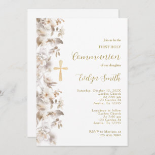 Beige floral First Communion Invitation