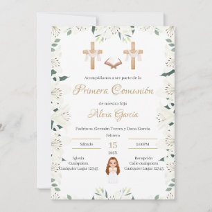 Beige floral First Communion Invitation
