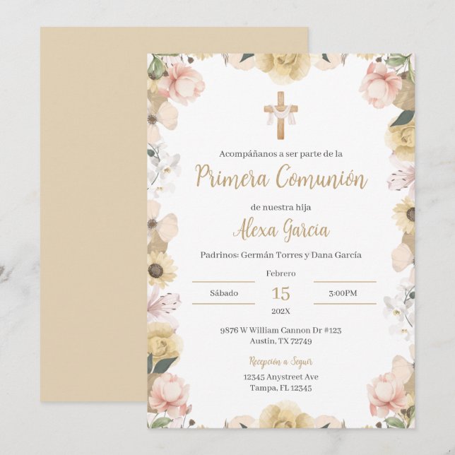 Beige floral First Communion Invitation (Front/Back)
