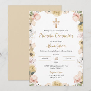 Beige floral First Communion Invitation