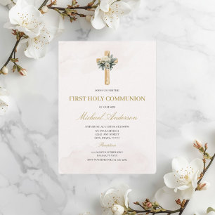 Beige Floral First Communion Invitation