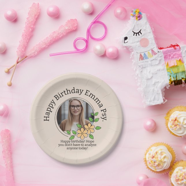 Beige Floral Frame Psychology Photo Center Text Li Paper Plate (Party)