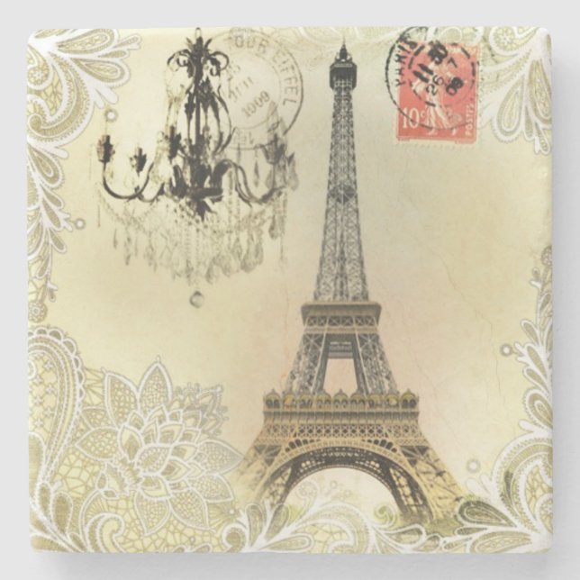 beige floral lace chandelier paris eiffel tower stone coaster (Front)