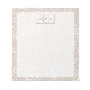 Beige Floral Line Art, Custom Monogram Dog Cat Pet Notepad