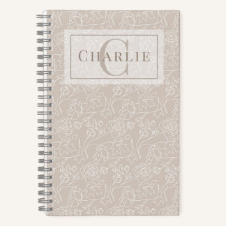 Beige Floral Line Art, Custom Monogram Pet Spiral Notebook