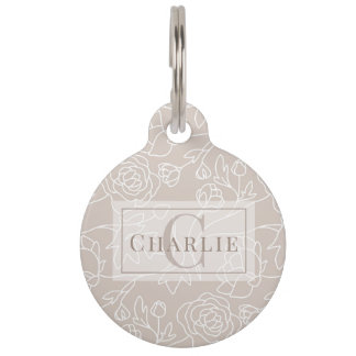 Beige Floral Line Art | Personalised Dog Cat Pet Tag